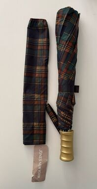 Jones New York Vintage Tartan Plaid Navy Green Brown Collapsible Umbrella